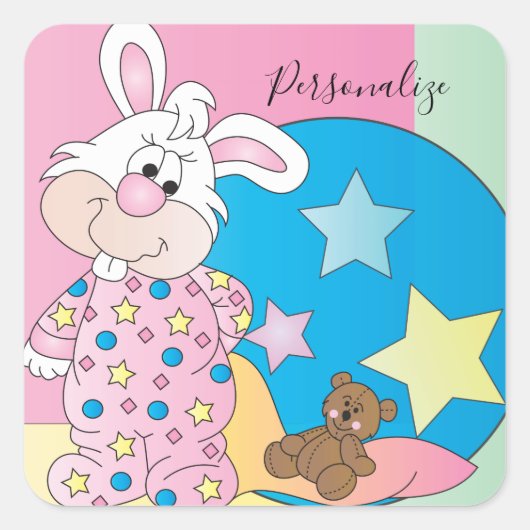 Schattige Paasmeisje Bunny Bedtime Tekeningen Vierkante Sticker (Voorkant)