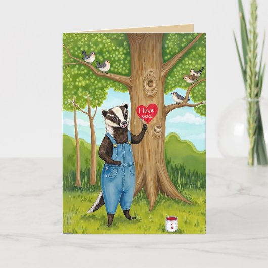 Schattige Painted Heart Badger en Birds I love you Kaart (Voorkant)
