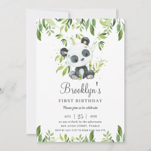Schattige Panda Bamboe Groen 1e Verjaardagsfeest Kaart (Voorkant)