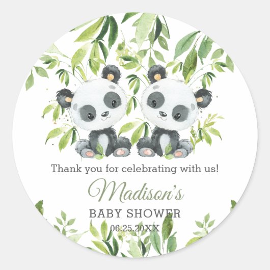 Schattige Panda Bamboo Green Twins Baby shower Ronde Sticker (Voorkant)