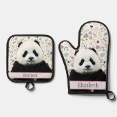 Schattige Panda Beer Animal Name  Pattern Ovenwant & Pannenlap Set (Voorkant)