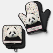 Schattige Panda Beer Animal Name  Pattern Ovenwant & Pannenlap Set (Voorkant / Achterkant)