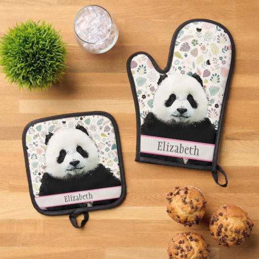 Schattige Panda Beer Animal Name  Pattern Ovenwant & Pannenlap Set (Top down)