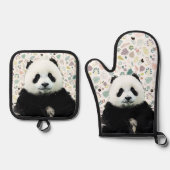 Schattige Panda Beer Animal Name  Pattern Ovenwant & Pannenlap Set (Voorkant)