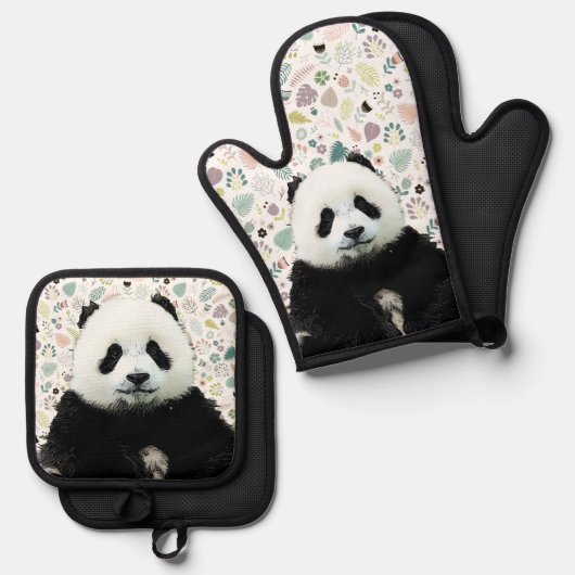 Schattige Panda Beer Animal Name  Pattern Ovenwant & Pannenlap Set (Voorkant / Achterkant)