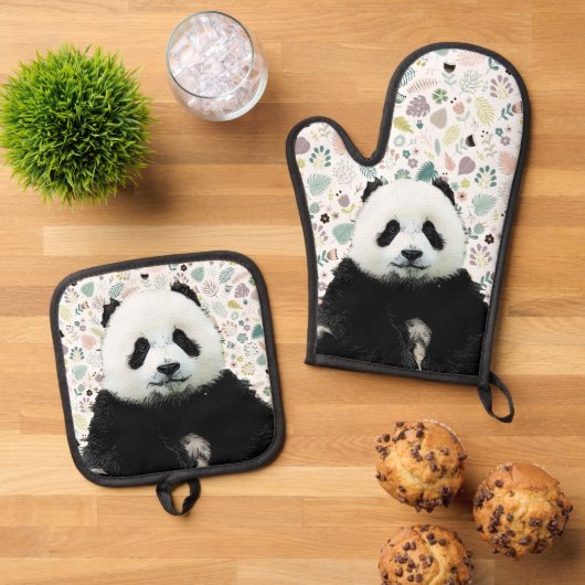 Schattige Panda Beer Animal Name  Pattern Ovenwant & Pannenlap Set (Top down)
