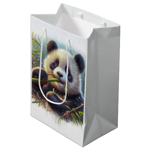 Schattige panda beer die bamboe eet medium cadeauzakje (Voorkant Gekanteld)
