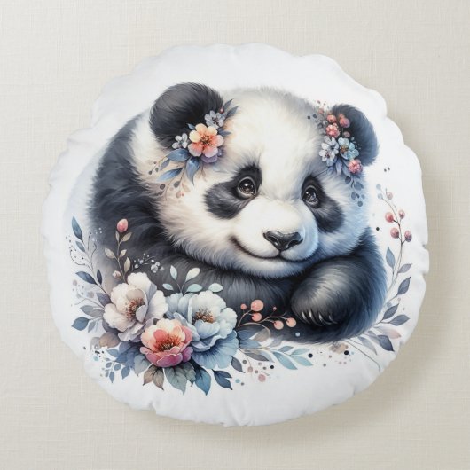 Schattige Panda Beer en bloemen Rond Kussen (Voorkant)