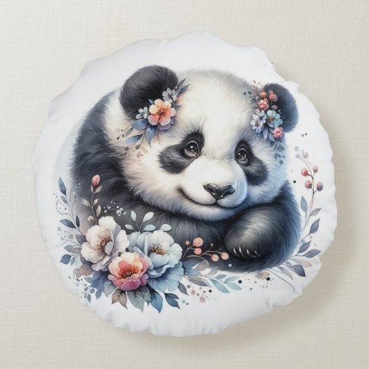 Schattige Panda Beer en bloemen Rond Kussen (Achterkant)