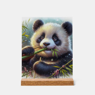 Schattige Panda Beer Eten Bamboe Acryl Bord