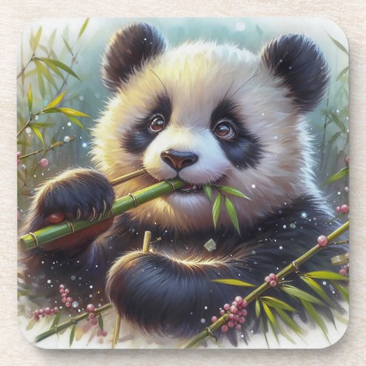 Schattige Panda Beer Eten Bamboe Bier Onderzetter (Voorkant)