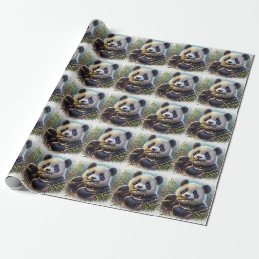 Schattige Panda Beer Eten Bamboe Cadeaupapier (Uitgerold)