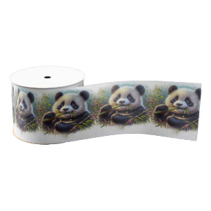 Schattige Panda Beer Eten Bamboe Grosgrain Lint