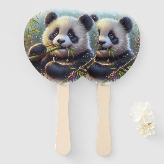 Schattige Panda Beer Eten Bamboe Handwaaier (Voorkant en achterkant)