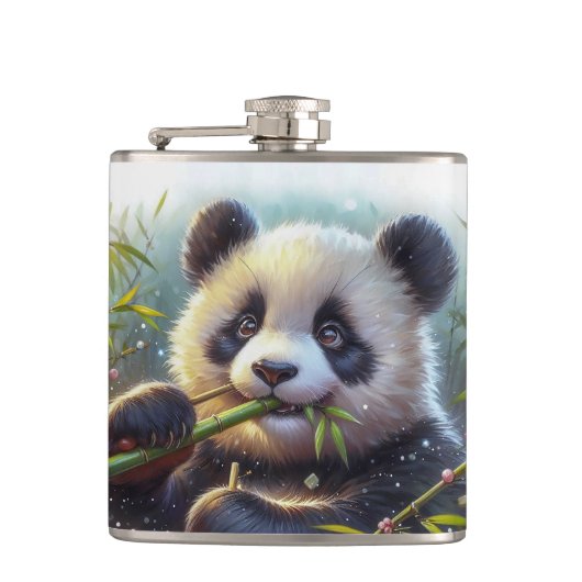 Schattige Panda Beer Eten Bamboe Heupfles (Voorkant)