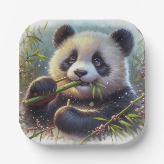 Schattige Panda Beer Eten Bamboe Papieren Bordje (Voorkant)
