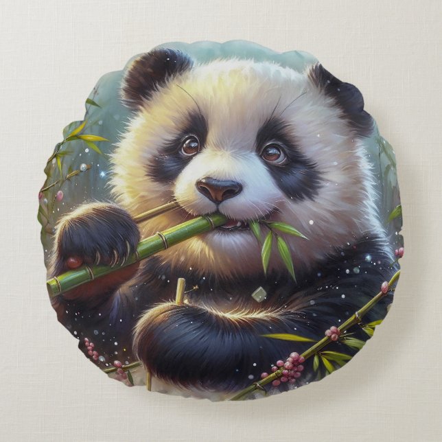 Schattige Panda Beer Eten Bamboe Rond Kussen (Voorkant)