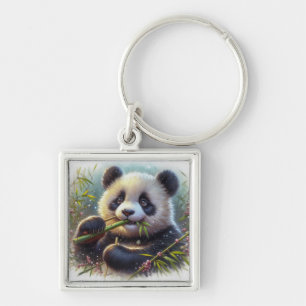Schattige Panda Beer Eten Bamboe Sleutelhanger