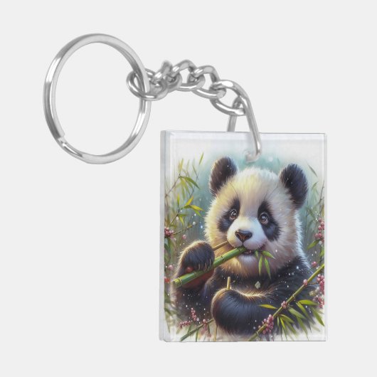 Schattige Panda Beer Eten Bamboe Sleutelhanger (Voorkant Links)