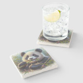 Schattige Panda Beer Eten Bamboe Stenen Onderzetter (Zijkant)