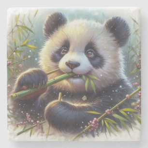Schattige Panda Beer Eten Bamboe Stenen Onderzetter