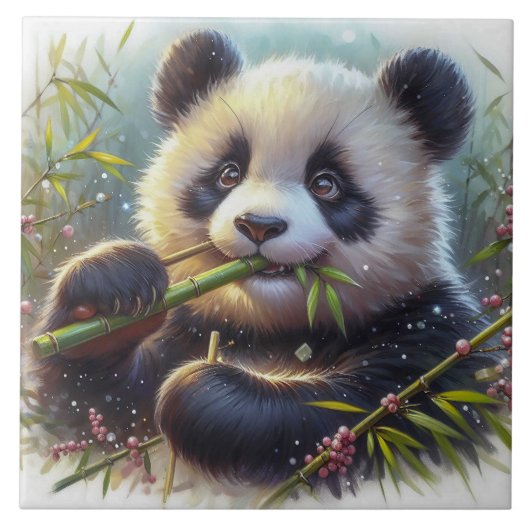 Schattige Panda Beer Eten Bamboe Tegeltje (Voorkant)