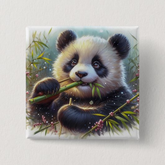 Schattige Panda Beer Eten Bamboe Vierkante Button 5,1 Cm (Voorkant)
