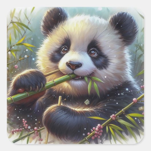 Schattige Panda Beer Eten Bamboe Vierkante Sticker (Voorkant)