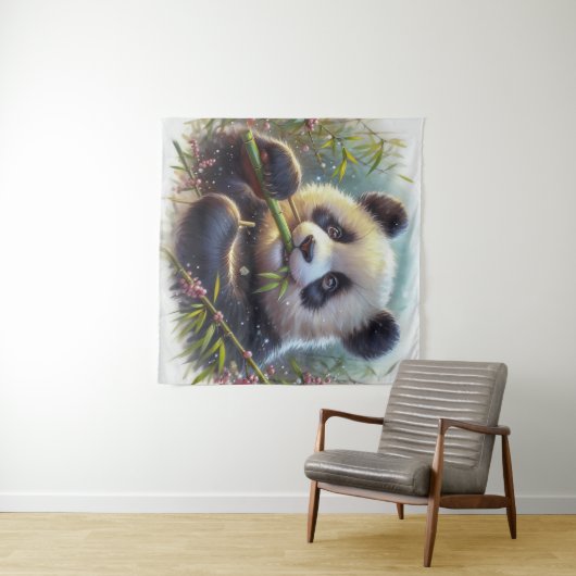 Schattige Panda Beer Eten Bamboe Wandkleed (In Situ (horizontaal))