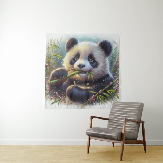 Schattige Panda Beer Eten Bamboe Wandkleed (In situ)