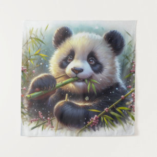 Schattige Panda Beer Eten Bamboe Wandkleed