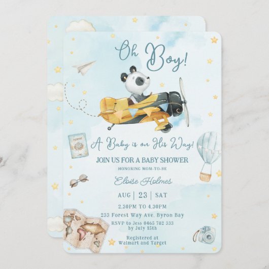 Schattige Panda Beer Plane Adventure Oh Boy Baby s Kaart (Voorkant / Achterkant)