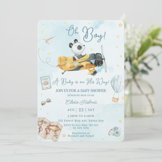 Schattige Panda Beer Plane Adventure Oh Boy Baby s Kaart (Staand voorkant)