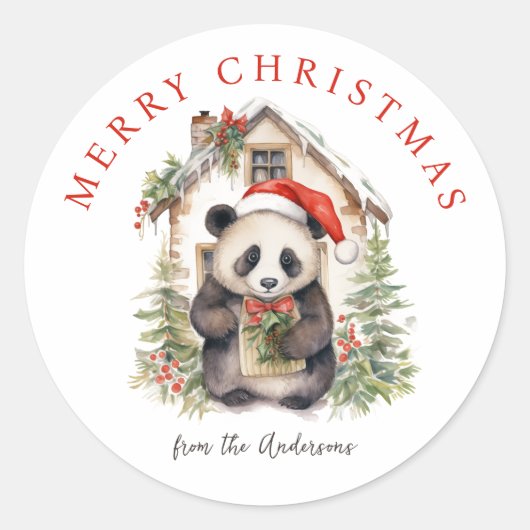 Schattige Panda Beer Rustiek Kersthuis Ronde Sticker (Voorkant)