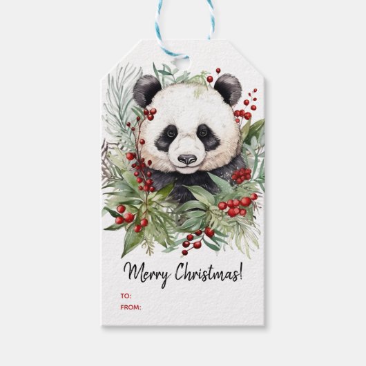 Schattige Panda Beer rustieke kerstbotanicals Cadeaulabel (Voorkant)