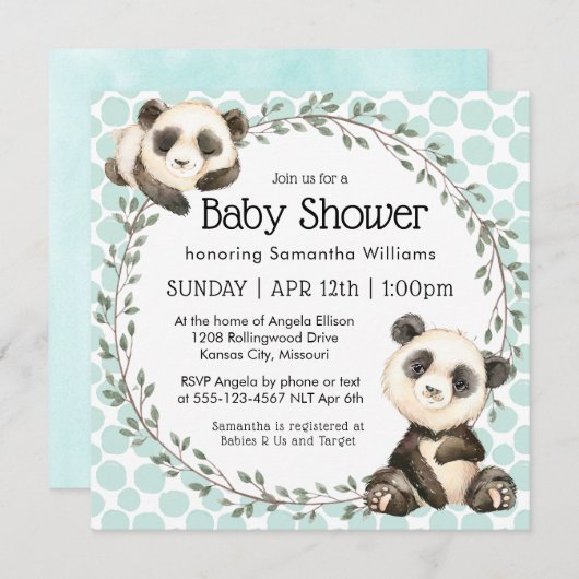 Schattige Panda Beren Square Baby shower Kaart (Voorkant / Achterkant)