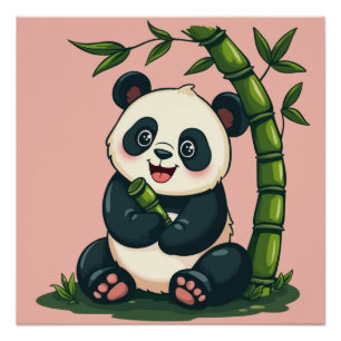 Schattige panda die bamboe omhelst, leuke cartoonk perfect poster