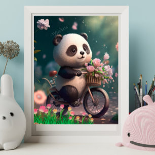 Schattige panda die op een fiets rijdt met bloemen poster