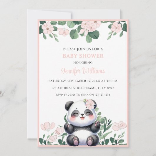 Schattige Panda Girl Greenery Roze Bloem Baby show Kaart (Voorkant)