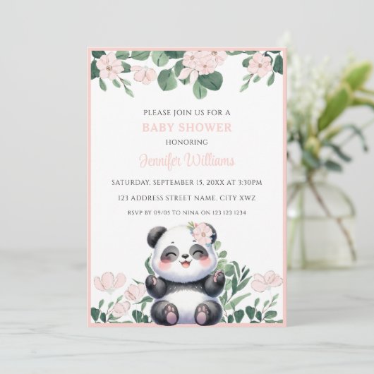 Schattige Panda Girl Greenery Roze Bloem Baby show Kaart (Staand voorkant)