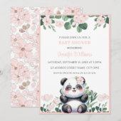 Schattige Panda Girl Greenery Roze Bloem Baby show Kaart (Voorkant / Achterkant)