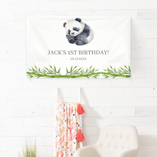 Schattige Panda Greenery Bamboo Verjaardagsfeest Spandoek (Insitu)