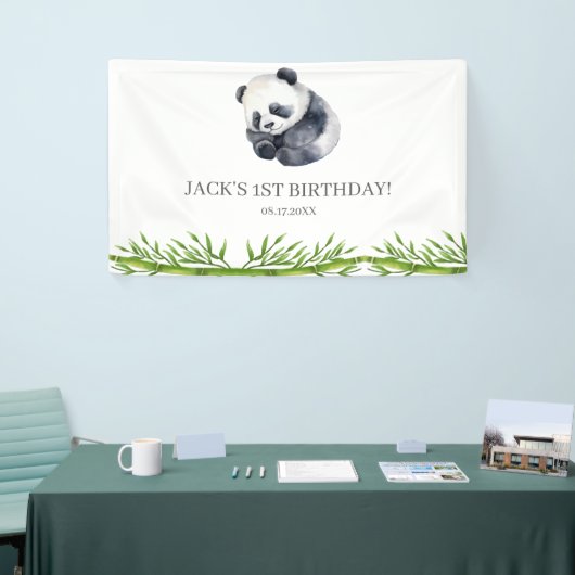 Schattige Panda Greenery Bamboo Verjaardagsfeest Spandoek (Beurs)