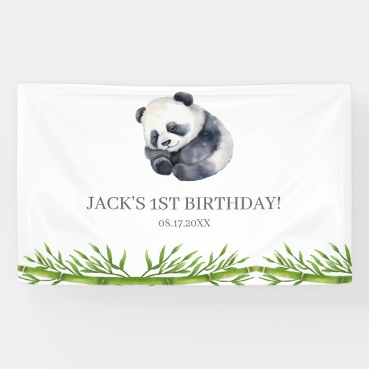 Schattige Panda Greenery Bamboo Verjaardagsfeest Spandoek (Horizontaal)