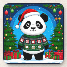 Schattige panda in kersttrui draagt kerstmuts bier onderzetter