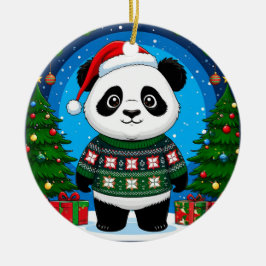 Schattige panda in kersttrui draagt kerstmuts keramisch ornament