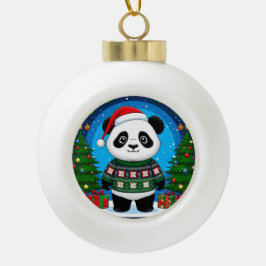 Schattige panda in kersttrui draagt kerstmuts keramische bal ornament