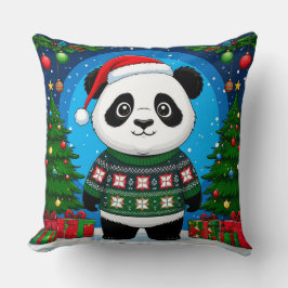 Schattige panda in kersttrui draagt kerstmuts kussen