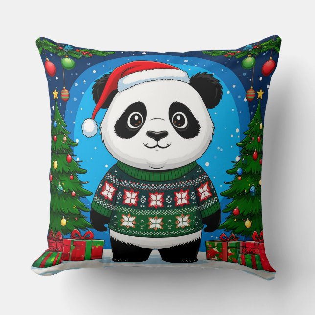 Schattige panda in kersttrui draagt kerstmuts kussen (Voorkant)