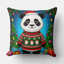 Schattige panda in kersttrui draagt kerstmuts kussen